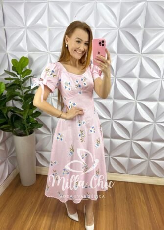 Vestido Tricoline Mídi Estampado Com Zíper Daniele - Rosa - Milla Chic
