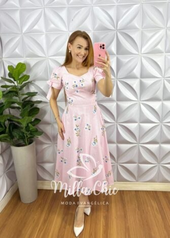 Vestido Tricoline Mídi Estampado Com Zíper Daniele - Rosa - Milla Chic