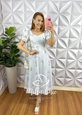 Vestido Tricoline Mídi Estampado Com Zíper Daniele - Azul - Milla Chic