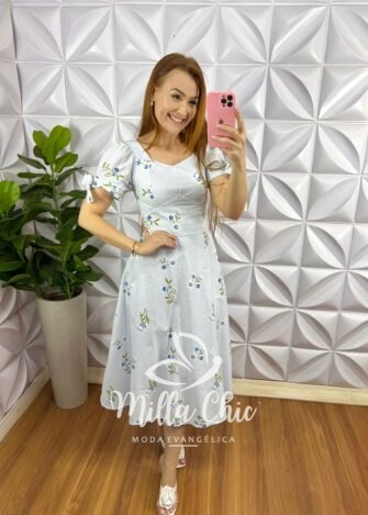 Vestido Tricoline Mídi Estampado Com Zíper Daniele - Azul - Milla Chic