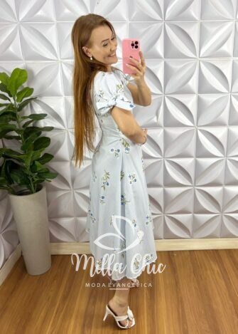 Vestido Tricoline Mídi Estampado Com Zíper Daniele - Azul - Milla Chic