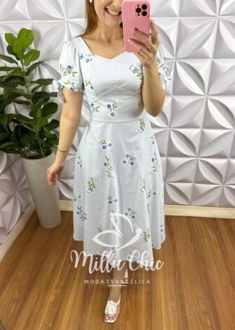 Vestido Tricoline Mídi Estampado Com Zíper Daniele - Azul - Milla Chic