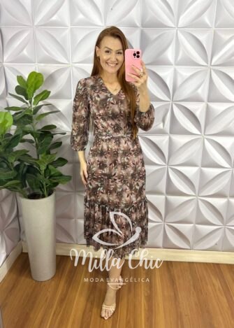 Vestido Tule Decote V Com Faixa Cinto Mídi Manga 7/8 Com Uma Maria Na Barra Clara - Marrom - Milla Chic