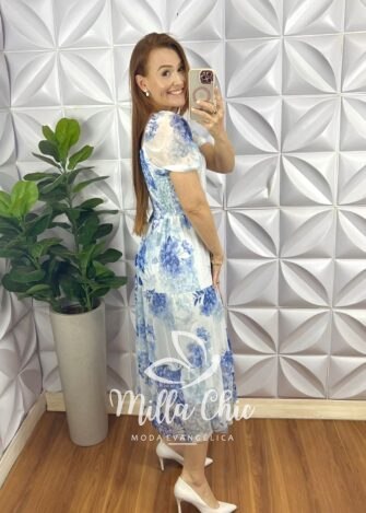Vestido Tule Com Faixa Cinto Mídi Manga 7/8 Clara - Marrom - Milla Chic