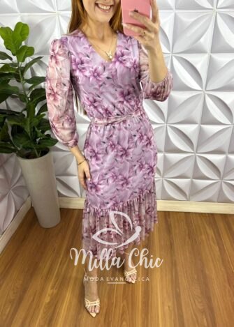 Vestido Tule Decote V Com Faixa Cinto Mídi Manga 7/8 Com Uma Maria Na Barra Clara - Lavanda - Milla Chic