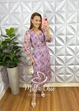Vestido Tule Decote V Com Faixa Cinto Mídi Manga 7/8 Com Uma Maria Na Barra Clara - Lavanda - Milla Chic