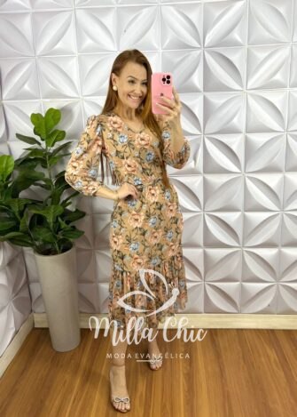 Vestido Tule Decote V Com Faixa Cinto Mídi Manga 7/8 Com Uma Maria Na Barra Clara - Nude - Milla Chic