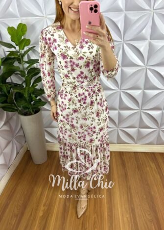 Vestido Tule Decote V Com Faixa Cinto Mídi Manga Longa Com Uma Maria Na Barra Clara - Off - Milla Chic