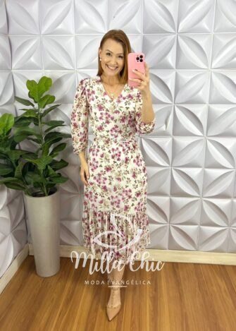 Vestido Tule Decote V Com Faixa Cinto Mídi Manga Longa Com Uma Maria Na Barra Clara - Off - Milla Chic