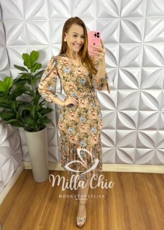 Vestido Tule Decote V Com Faixa Cinto Mídi Manga 7/8 Com Uma Maria Na Barra Clara - Nude - Milla Chic