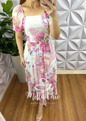 Vestido Tule Decote Quadrado Manga Princesa Lastex Nas Costas Mídi Três Marias Margarida - Rosa (Floral) - Milla Chic