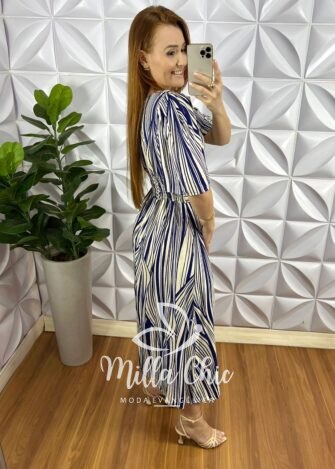 Vestido Viscolinho Com Decote V Mídi Estampado Florentina - Azul - Milla Chic
