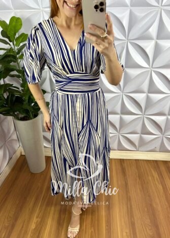 Vestido Viscolinho Com Decote V Mídi Estampado Florentina - Azul - Milla Chic