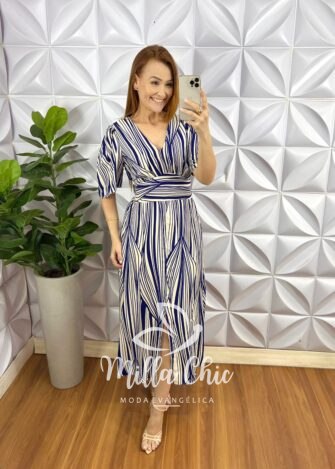 Vestido Viscolinho Com Decote V Mídi Estampado Florentina - Azul - Milla Chic
