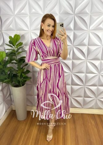 Vestido Viscolinho Com Decote V Mídi Estampado Florentina - Roxo - Milla Chic