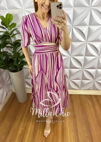 Vestido Viscolinho Com Decote V Mídi Estampado Florentina - Roxo - Milla Chic