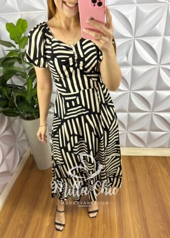 Vestido Viscolinho Com Drapeados No Busto Mídi Estampado Sheila - Verde - Milla Chic