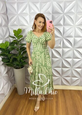 Vestido Viscolinho Com Drapeados No Busto Mídi Estampado Sheila - Verde - Milla Chic