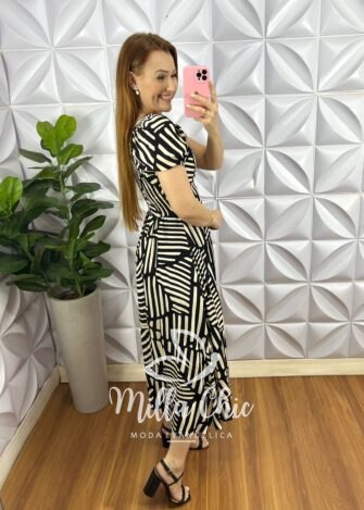 Vestido Viscolinho Com Drapeados No Busto Mídi Estampado Sheila - Verde - Milla Chic