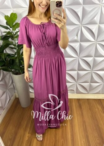 Vestido Viscolinho Longo Com Lastex Na Cintura Hanna - Beterraba - Milla Chic