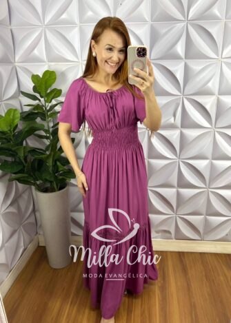 Vestido Viscolinho Longo Com Lastex Na Cintura Hanna - Beterraba - Milla Chic