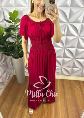 Vestido Viscolinho Longo Com Lastex Na Cintura Hanna - Vermelho - Milla Chic