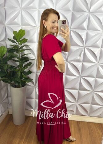 Vestido Viscolinho Longo Com Lastex Na Cintura Hanna - Vermelho - Milla Chic