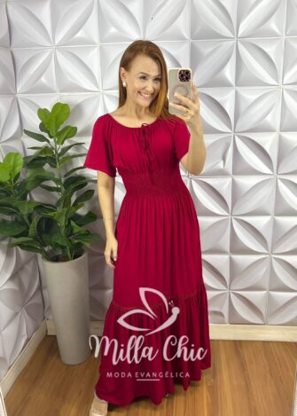 Vestido Viscolinho Longo Com Lastex Na Cintura Hanna - Vermelho - Milla Chic