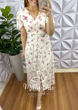 Vestido Viscolinho Manga Princesa Fenda Frontal Samira - Rosa - Milla Chic