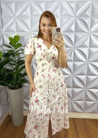 Vestido Viscolinho Manga Princesa Fenda Frontal Samira - Rosa - Milla Chic