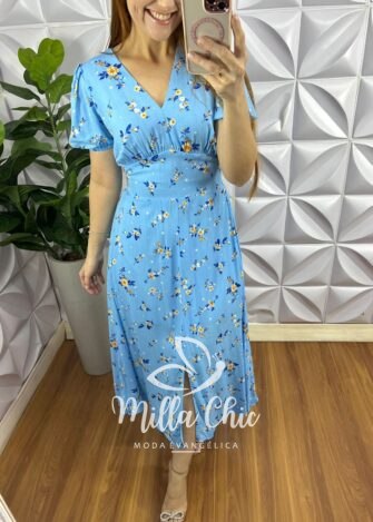 Vestido Viscolinho Manga Princesa Fenda Frontal Samira - Azul - Milla Chic