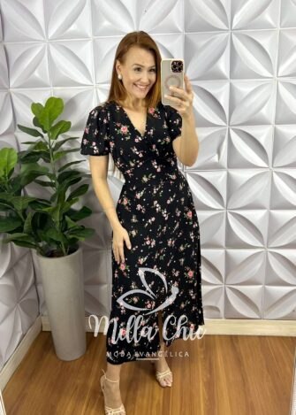 Vestido Viscolinho Manga Princesa Fenda Frontal Samira - Preto - Milla Chic