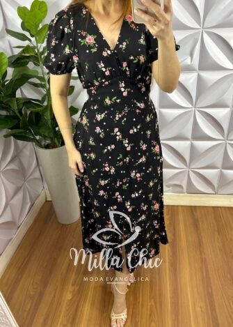 Milla Chic - millachic com br vestido viscolinho manga princesa lastex nas costas xuxa preto 3 Vestido Viscolinho Manga Princesa Fenda Frontal Samira - Preto - Milla Chic