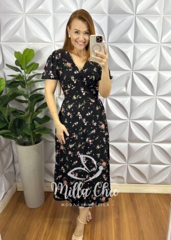 Milla Chic - millachic com br vestido viscolinho manga princesa lastex nas costas xuxa preto Vestido Viscolinho Manga Princesa Fenda Frontal Samira - Preto - Milla Chic