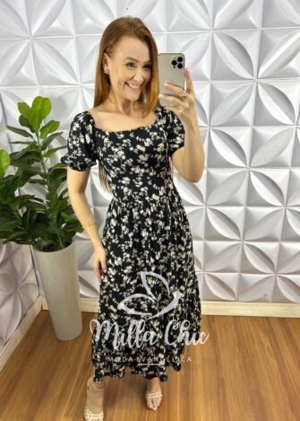 Vestido Viscolinho Manga Princesa Mídi Estampado Elisabeth - Preto - Milla Chic