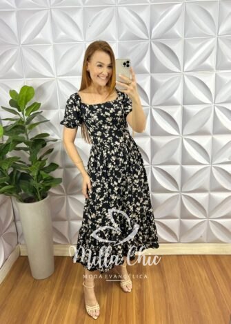 Vestido Viscolinho Manga Princesa Mídi Estampado Elisabeth - Preto - Milla Chic