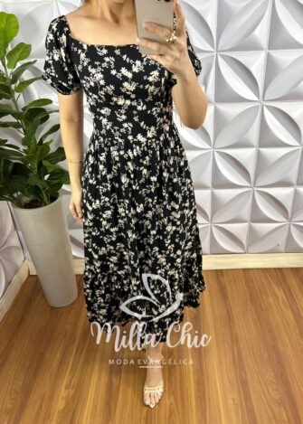 Vestido Viscolinho Manga Princesa Mídi Estampado Elisabeth - Preto - Milla Chic