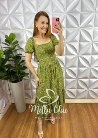 Vestido Viscolinho Manga Princesa Mídi Estampado Elisabeth - Verde - Milla Chic