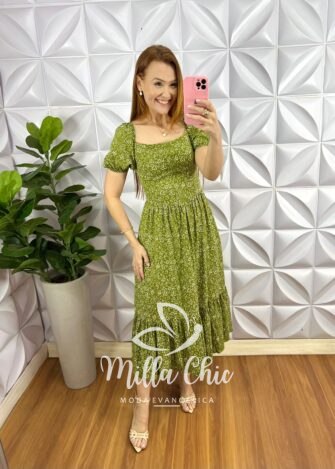 Milla Chic - millachic com br vestido viscolinho manga princesa midi estampado elisabeth verde 2 Vestido Viscolinho Manga Princesa Mídi Estampado Elisabeth - Verde - Milla Chic