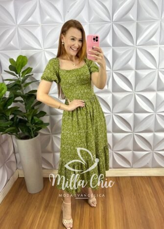 Milla Chic - millachic com br vestido viscolinho manga princesa midi estampado elisabeth verde 3 Vestido Viscolinho Manga Princesa Mídi Estampado Elisabeth - Verde - Milla Chic
