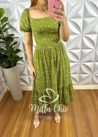 Milla Chic - millachic com br vestido viscolinho manga princesa midi estampado elisabeth verde 4 Vestido Viscolinho Manga Princesa Mídi Estampado Elisabeth - Verde - Milla Chic
