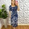 Vestido Viscolinho Mídi Estampado Com Zíper Caimento Reto Nelly - Azul - Milla Chic