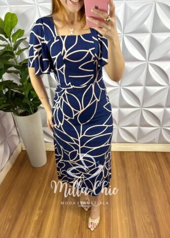 Milla Chic - millachic com br vestido viscolinho midi estampado com ziper caimento reto nelly azul 2 Vestido Viscolinho Mídi Estampado Com Zíper Caimento Reto Nelly - Azul - Milla Chic
