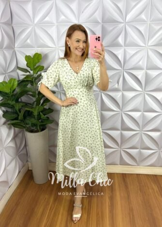 Vestido Viscolinho Mídi Estampado Manga 3/4 Cecilia - Off - Milla Chic