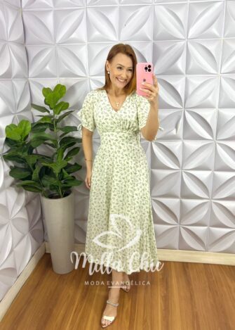 Vestido Viscolinho Mídi Estampado Manga 3/4 Cecilia - Off - Milla Chic