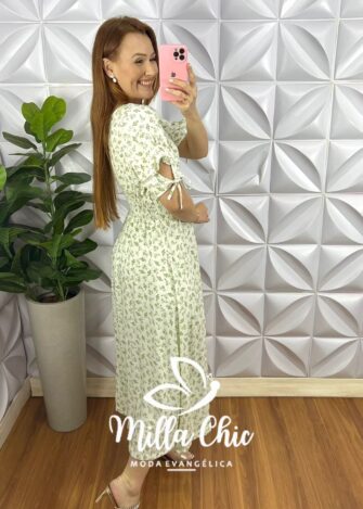 Vestido Viscolinho Mídi Estampado Manga 3/4 Cecilia - Off - Milla Chic
