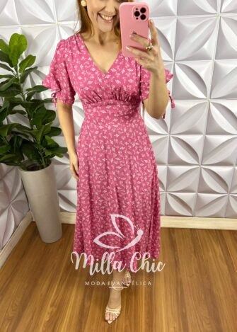 Vestido Viscolinho Mídi Estampado Manga 3/4 Cecilia - Rosa - Milla Chic