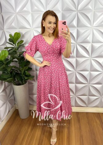 Vestido Viscolinho Mídi Estampado Manga 3/4 Cecilia - Rosa - Milla Chic