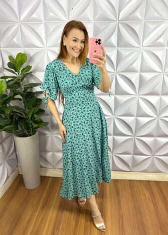 Vestido Viscolinho Mídi Estampado Manga 3/4 Cecilia - Verde - Milla Chic