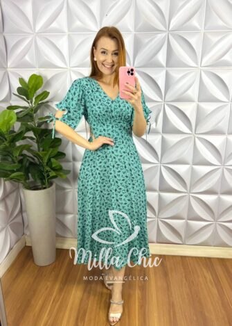 Vestido Viscolinho Mídi Estampado Manga 3/4 Cecilia - Verde - Milla Chic